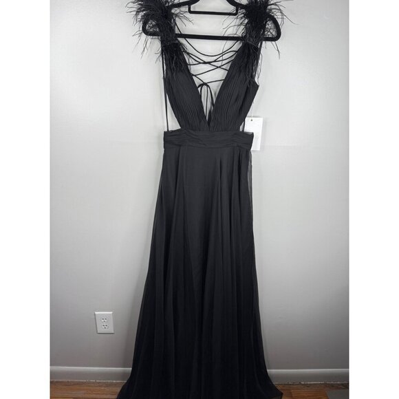 Mac Duggal 68113 Black Maxi Dress Plunge Neck Ostrich Feather Open Back Size 6 - Picture 2 of 6